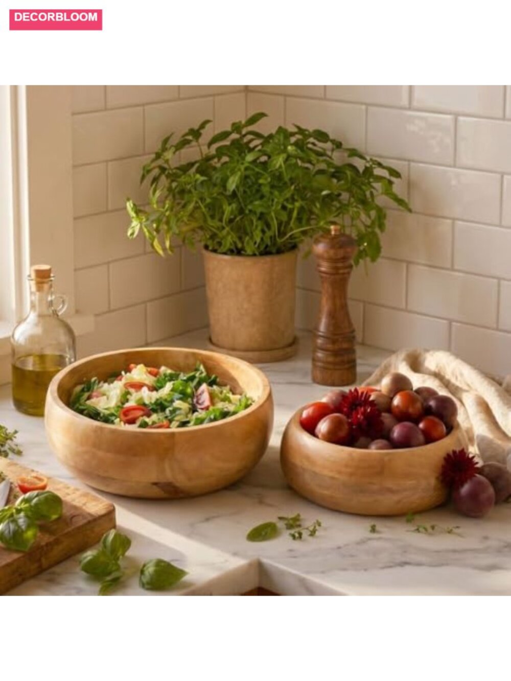 Wooden Salad Bowls Set of 2 Large 11" & 13" Natural Wood Serving Bowls